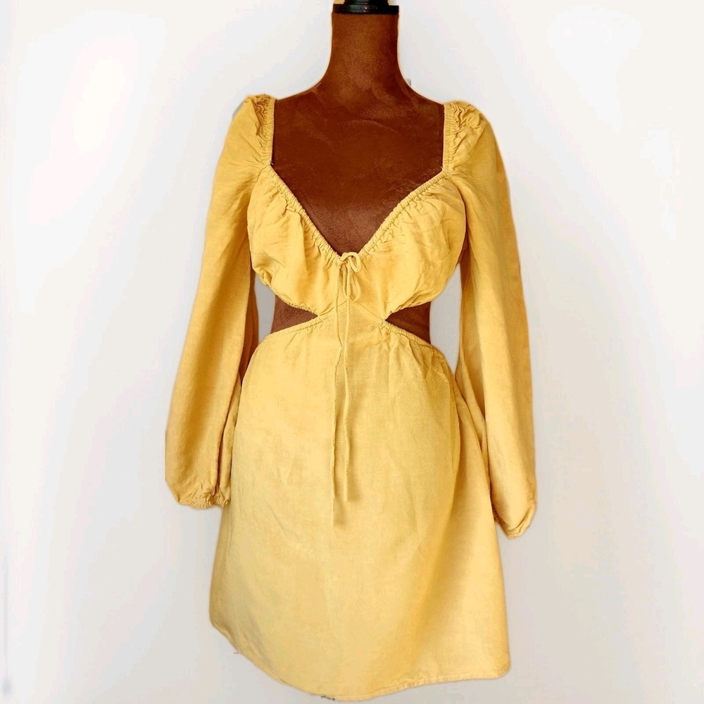 EMORY PARK Dress Size L Yellow Bohemian Cut Outs Low Back Linen Blend‎ - Picture 2 of 11